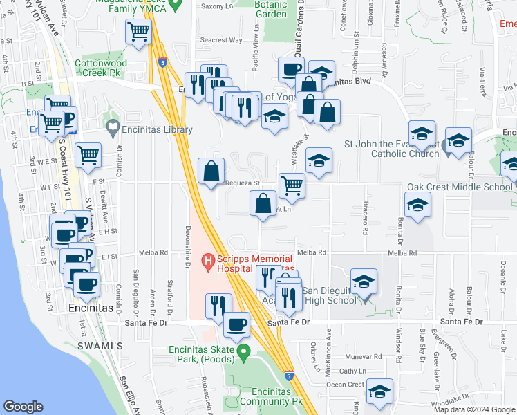 map of restaurants, bars, coffee shops, grocery stores, and more near 804 Regal Road in Encinitas