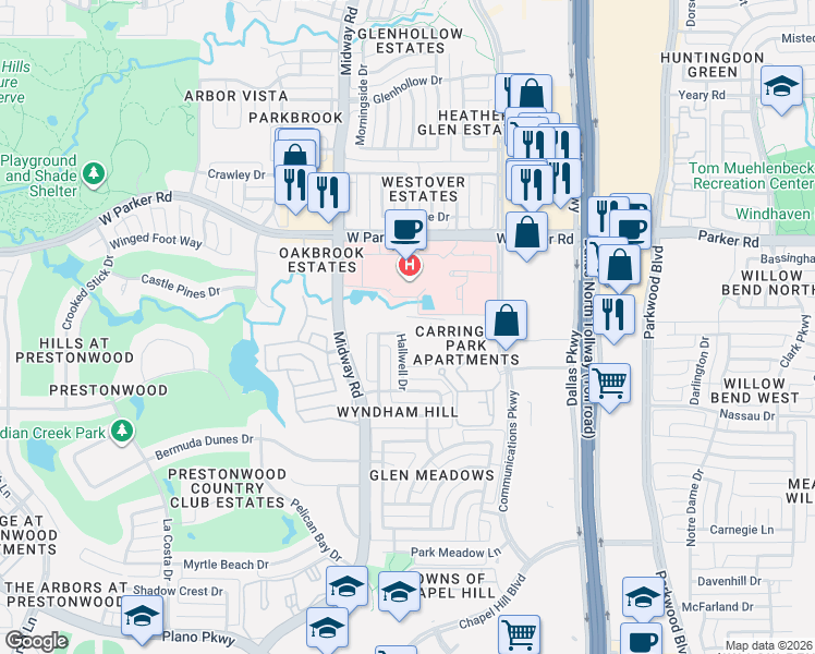 map of restaurants, bars, coffee shops, grocery stores, and more near 6300 Whittier Drive in Plano