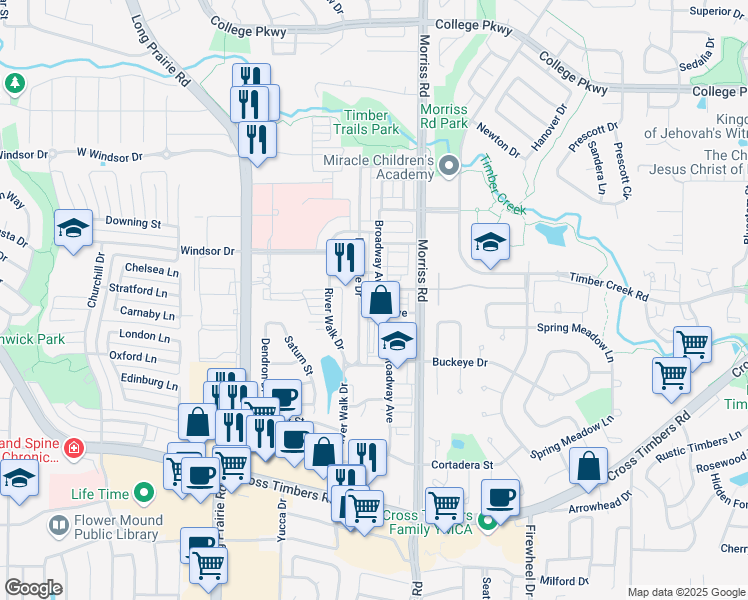 map of restaurants, bars, coffee shops, grocery stores, and more near 4100 Broadway Avenue in Flower Mound