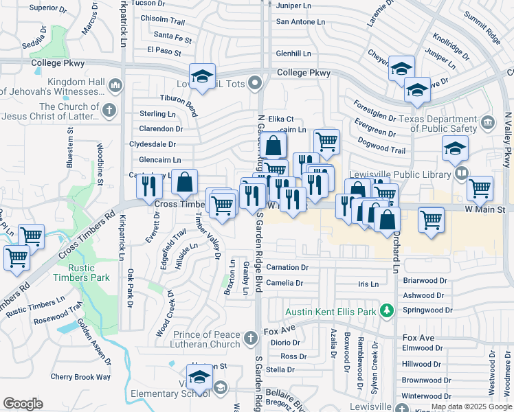 map of restaurants, bars, coffee shops, grocery stores, and more near in Flower Mound