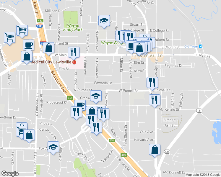 map of restaurants, bars, coffee shops, grocery stores, and more near 341 West Purnell Street in Lewisville