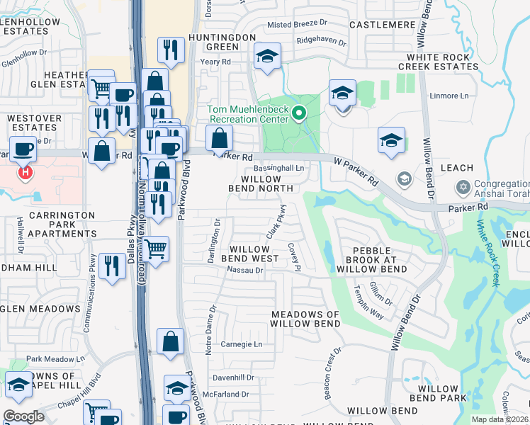 map of restaurants, bars, coffee shops, grocery stores, and more near 5913 Kensington Drive in Plano