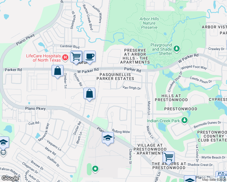 map of restaurants, bars, coffee shops, grocery stores, and more near 3048 Bonsai Drive in Plano