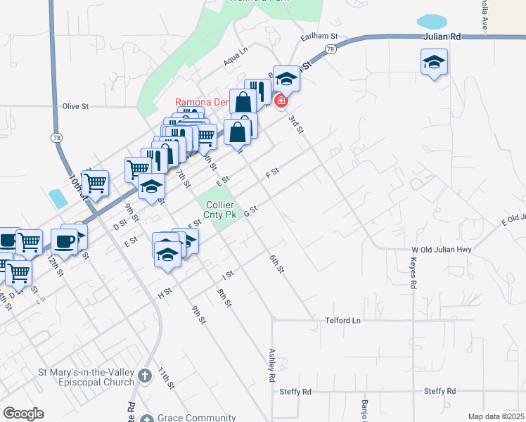 map of restaurants, bars, coffee shops, grocery stores, and more near 516 G Street in Ramona