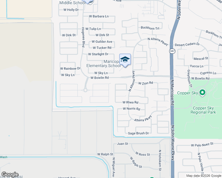 map of restaurants, bars, coffee shops, grocery stores, and more near 45433 West Sandhill Road in Maricopa