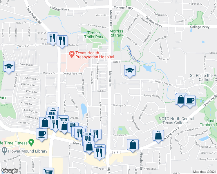 map of restaurants, bars, coffee shops, grocery stores, and more near 4203 Morriss Road in Flower Mound
