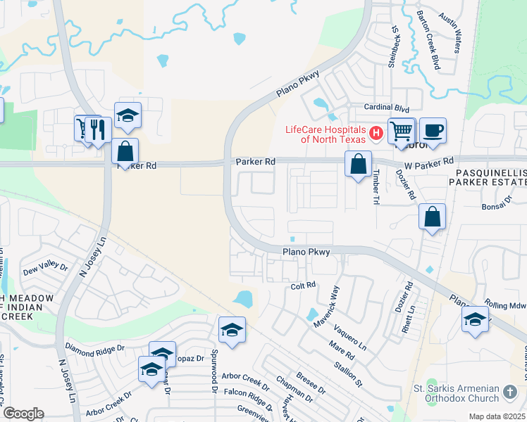 map of restaurants, bars, coffee shops, grocery stores, and more near 2133 Ella Lane in Carrollton