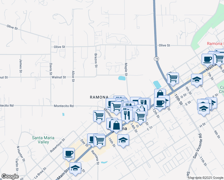 map of restaurants, bars, coffee shops, grocery stores, and more near 1334 Shoshone Falls Drive in Ramona