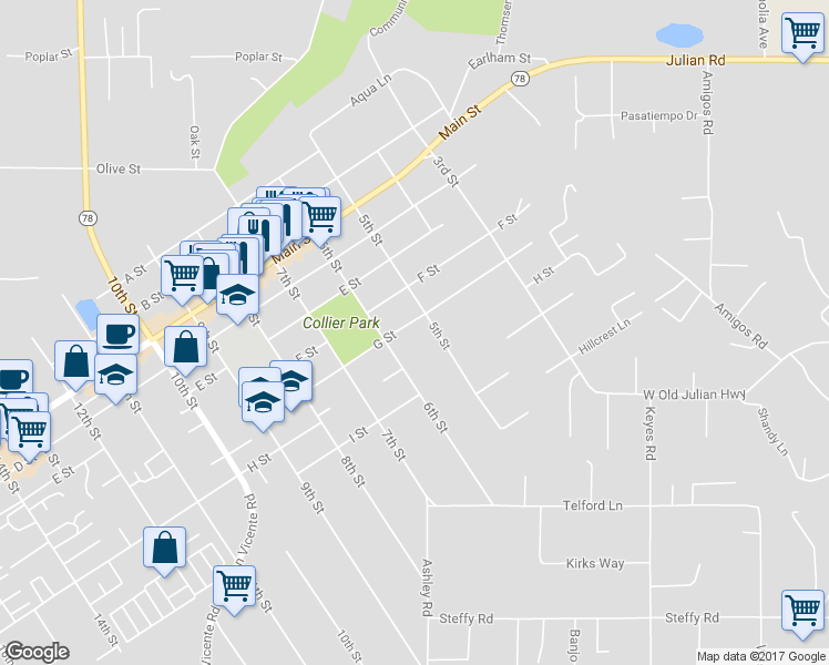 map of restaurants, bars, coffee shops, grocery stores, and more near 516 G Street in Ramona