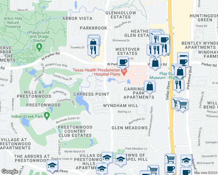 map of restaurants, bars, coffee shops, grocery stores, and more near 3100 Midway Road in Plano