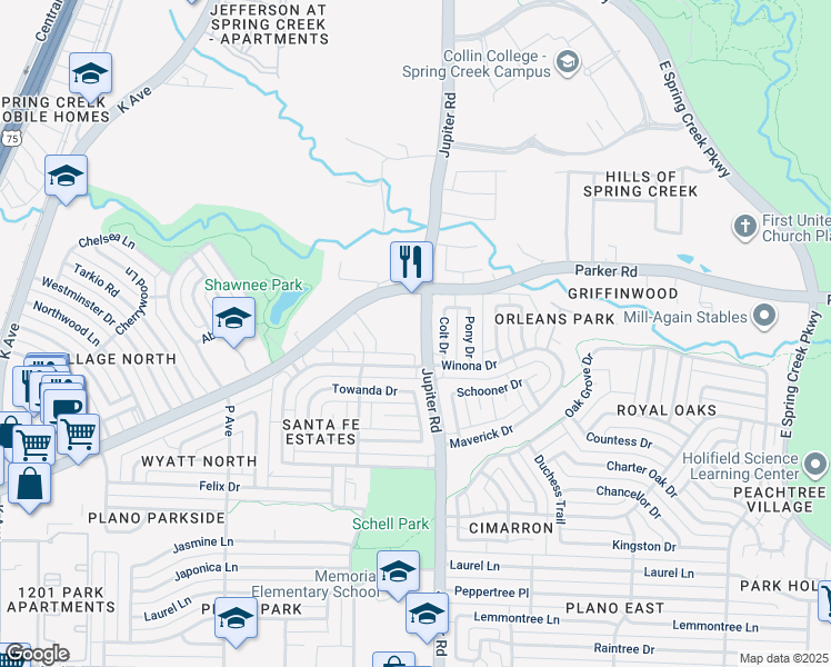 map of restaurants, bars, coffee shops, grocery stores, and more near 3300 Jupiter Road in Plano