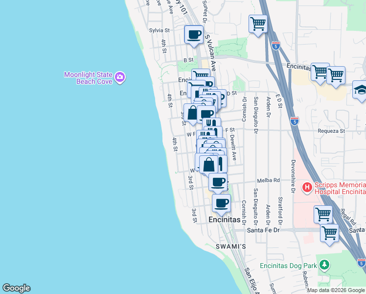 map of restaurants, bars, coffee shops, grocery stores, and more near 744 3rd Street in Encinitas