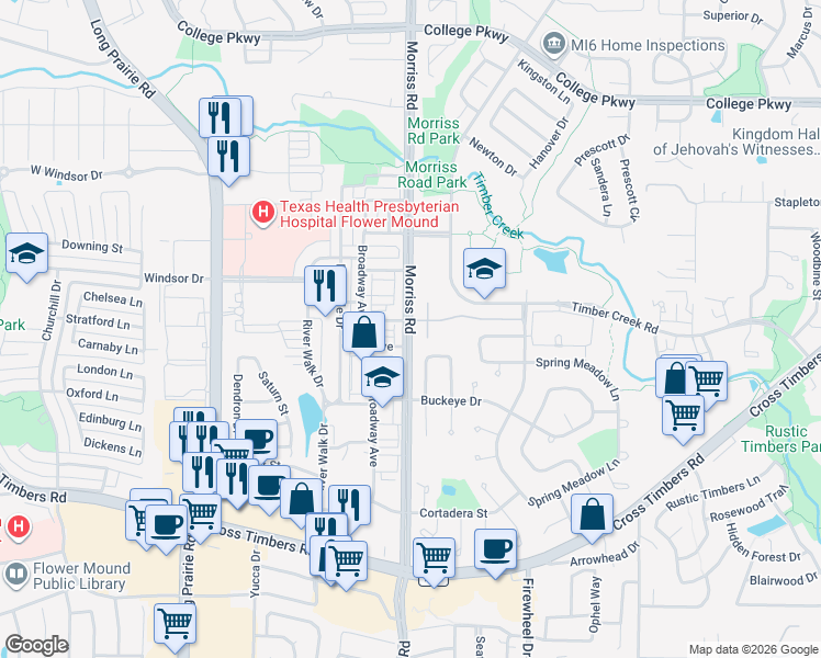 map of restaurants, bars, coffee shops, grocery stores, and more near 4208 Morriss Road in Flower Mound