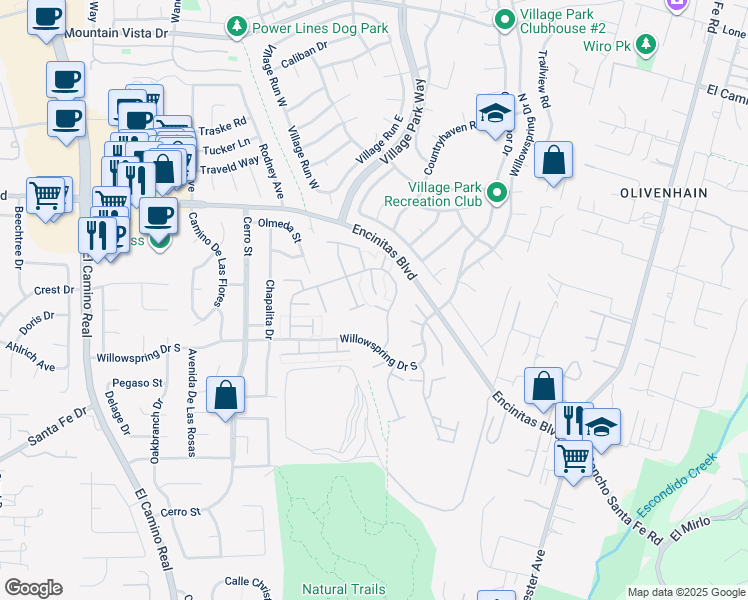 map of restaurants, bars, coffee shops, grocery stores, and more near 1878 Pleasantdale Lane in Encinitas
