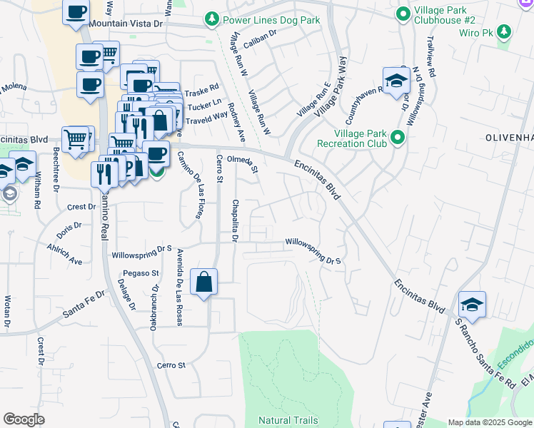 map of restaurants, bars, coffee shops, grocery stores, and more near 312 Harrisburg Drive in Encinitas