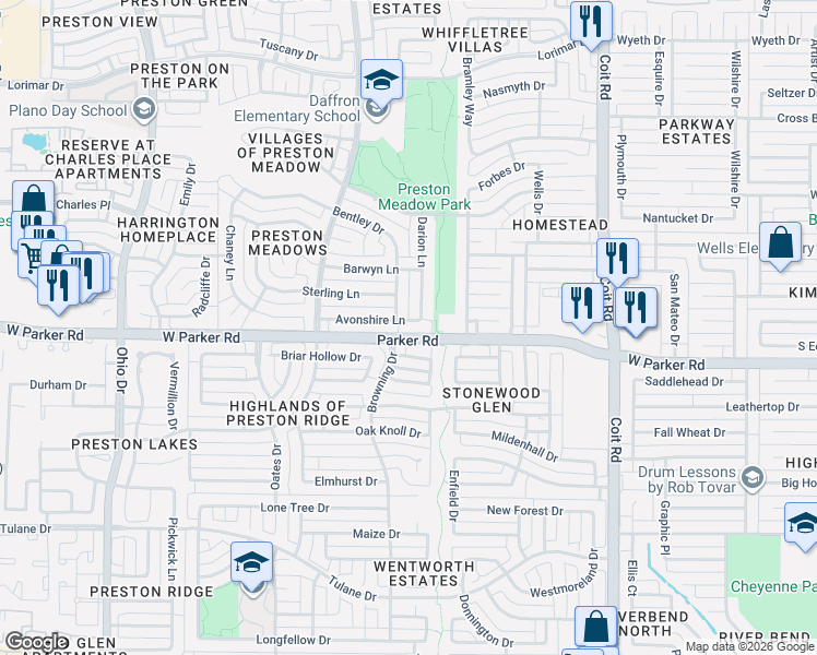map of restaurants, bars, coffee shops, grocery stores, and more near 4317 West Parker Road in Plano