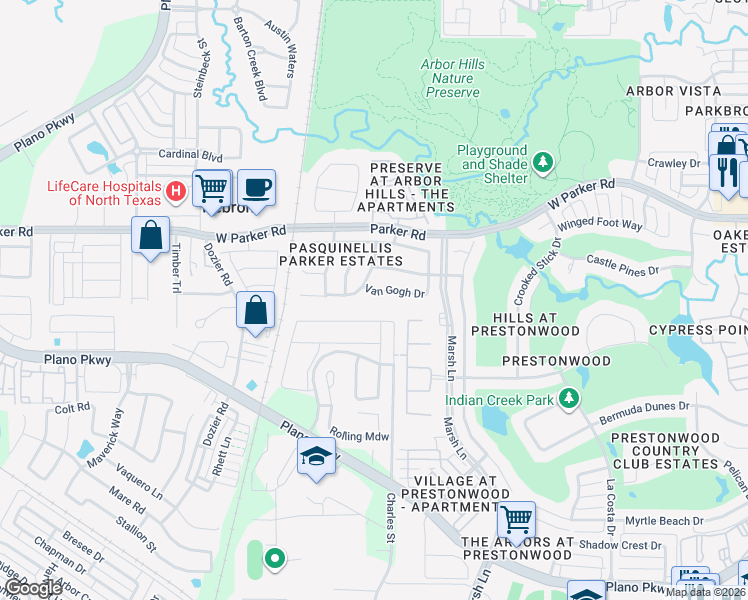 map of restaurants, bars, coffee shops, grocery stores, and more near 7120 Van Gogh Drive in Plano