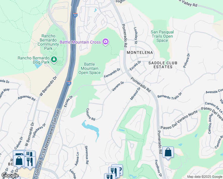 map of restaurants, bars, coffee shops, grocery stores, and more near 18208 Verano Drive in San Diego