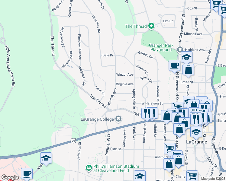 map of restaurants, bars, coffee shops, grocery stores, and more near 115 Waverly Way in LaGrange