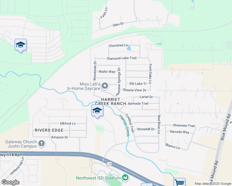 map of restaurants, bars, coffee shops, grocery stores, and more near 16521 Jasmine Springs Drive in Justin
