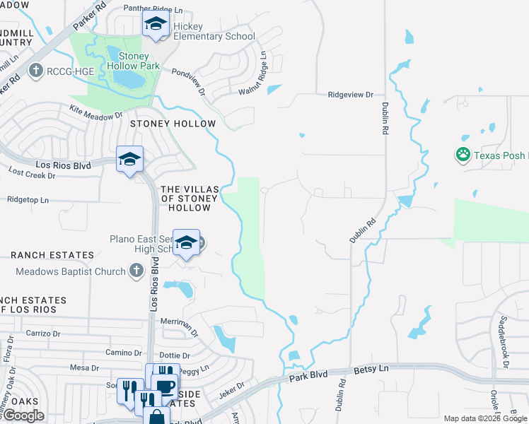 map of restaurants, bars, coffee shops, grocery stores, and more near Bluffs Lane in Parker