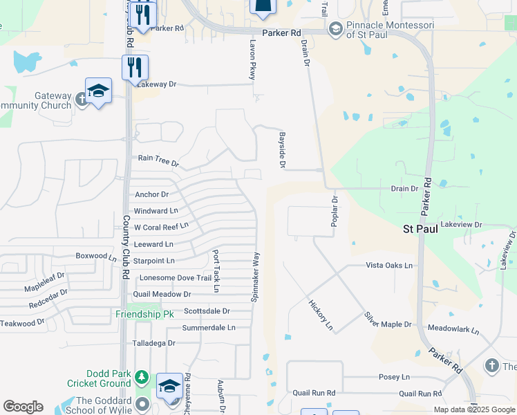map of restaurants, bars, coffee shops, grocery stores, and more near 1821 Spinnaker Way in Wylie