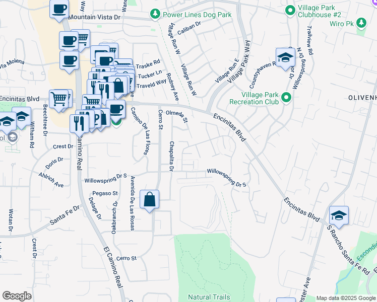 map of restaurants, bars, coffee shops, grocery stores, and more near 312 Harrisburg Drive in Encinitas