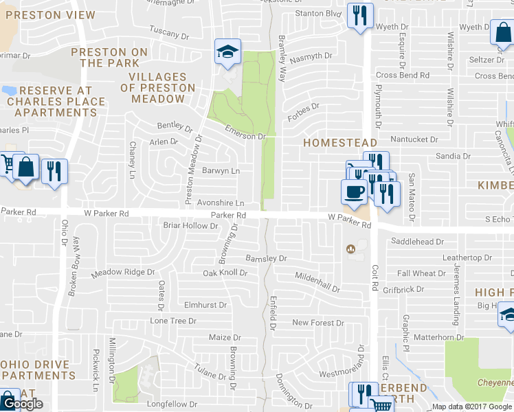 map of restaurants, bars, coffee shops, grocery stores, and more near 4300 Avonshire Lane in Plano