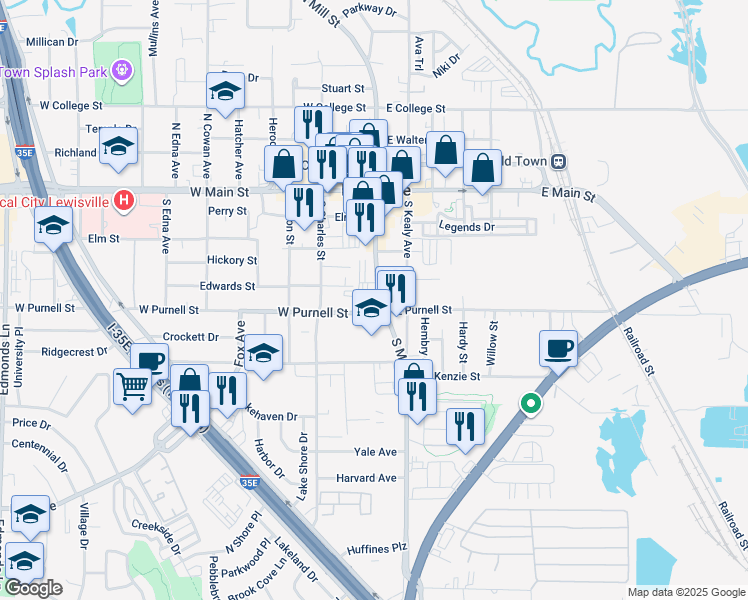 map of restaurants, bars, coffee shops, grocery stores, and more near 535 South Mill Street in Lewisville