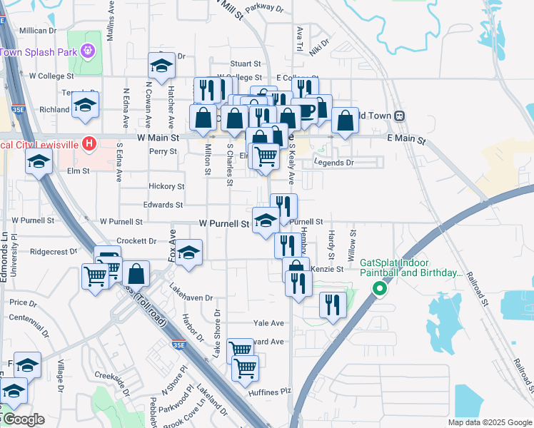 map of restaurants, bars, coffee shops, grocery stores, and more near 535 South Mill Street in Lewisville