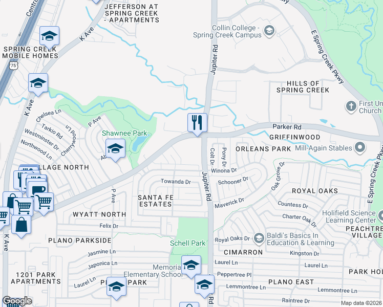 map of restaurants, bars, coffee shops, grocery stores, and more near 3300 Jupiter Road in Plano