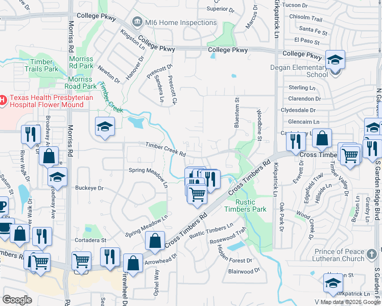 map of restaurants, bars, coffee shops, grocery stores, and more near 1532 Timber Creek Road in Flower Mound