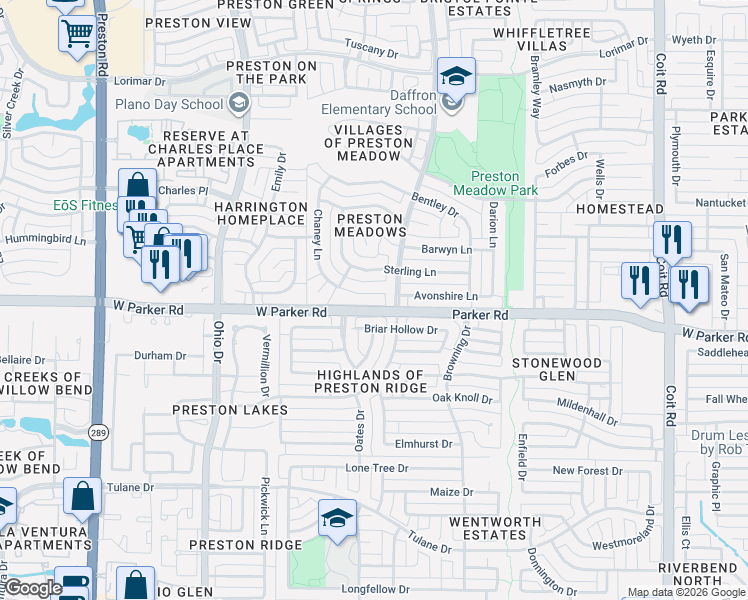 map of restaurants, bars, coffee shops, grocery stores, and more near 4517 Briar Hollow Drive in Plano