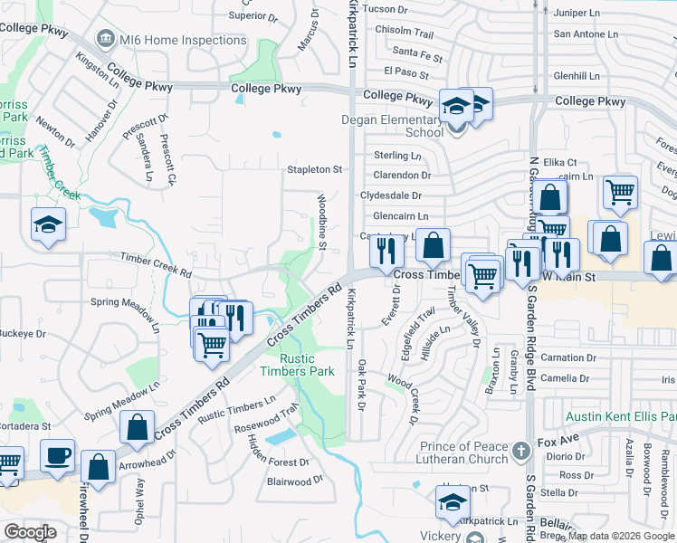 map of restaurants, bars, coffee shops, grocery stores, and more near 1105 Altoga Court in Flower Mound