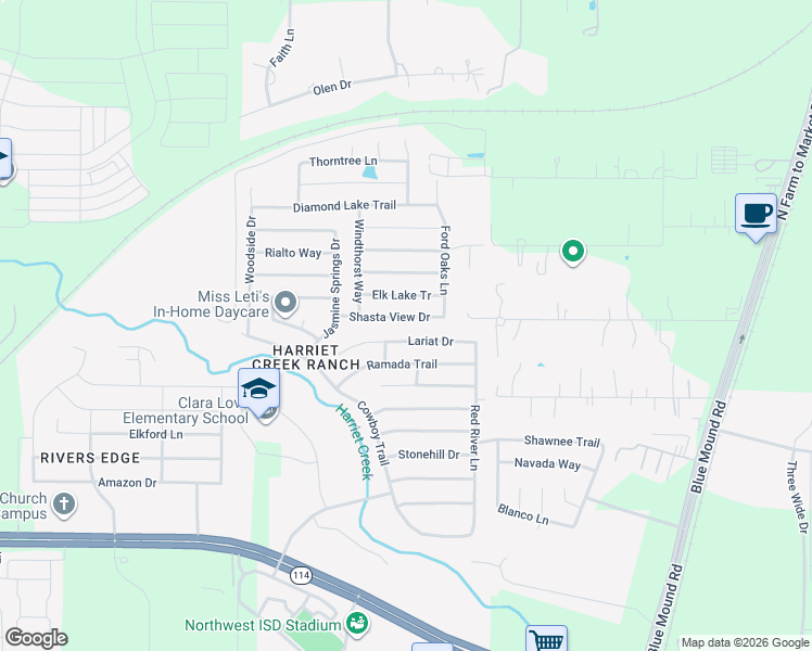 map of restaurants, bars, coffee shops, grocery stores, and more near 1900 Shasta View Drive in Justin