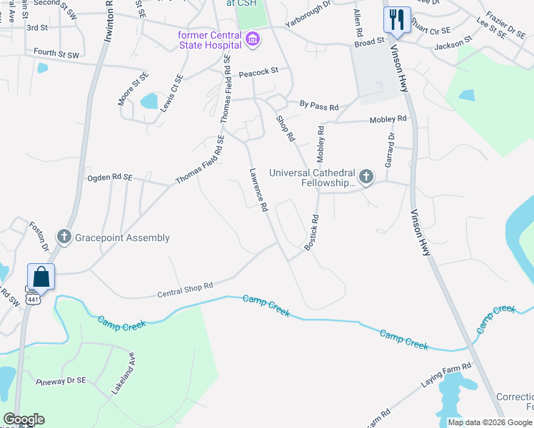map of restaurants, bars, coffee shops, grocery stores, and more near Lawrence Road in Milledgeville