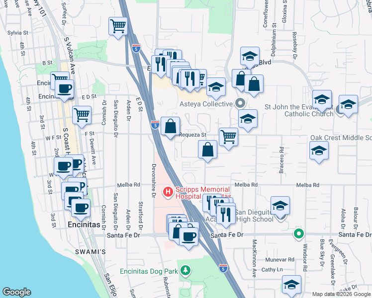 map of restaurants, bars, coffee shops, grocery stores, and more near 810 Regal Road in Encinitas