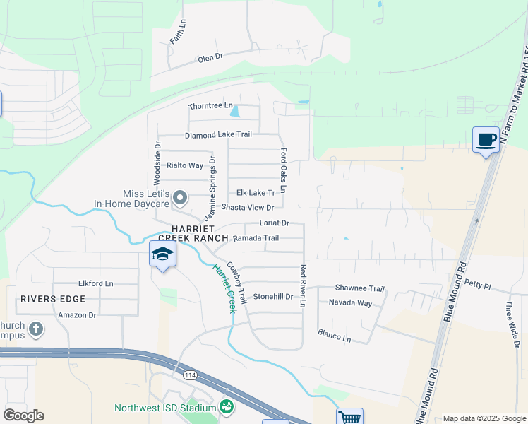 map of restaurants, bars, coffee shops, grocery stores, and more near 1908 Shasta View Drive in Justin