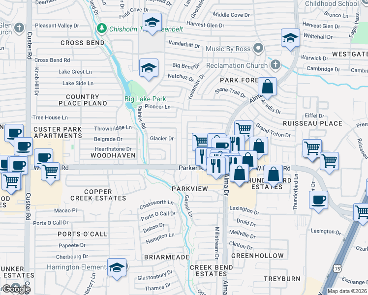 map of restaurants, bars, coffee shops, grocery stores, and more near 3317 Pinion Drive in Plano