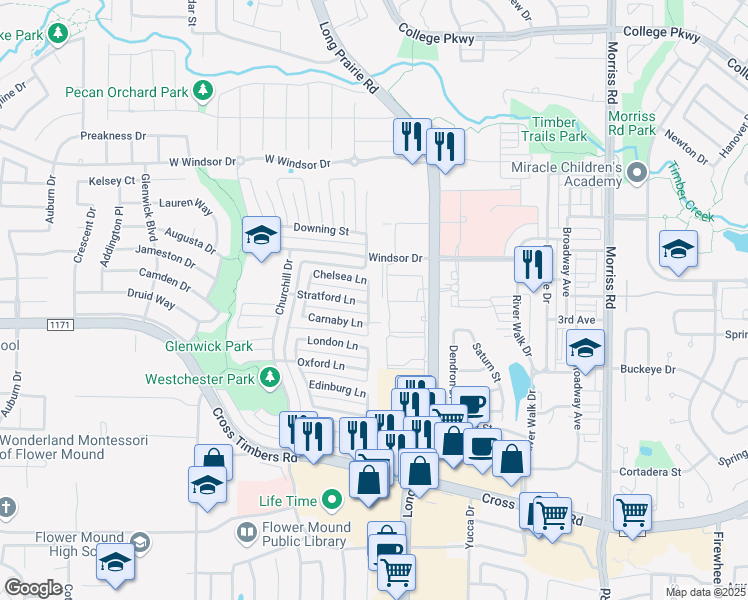 map of restaurants, bars, coffee shops, grocery stores, and more near 4124 Wimbledon Drive in Flower Mound