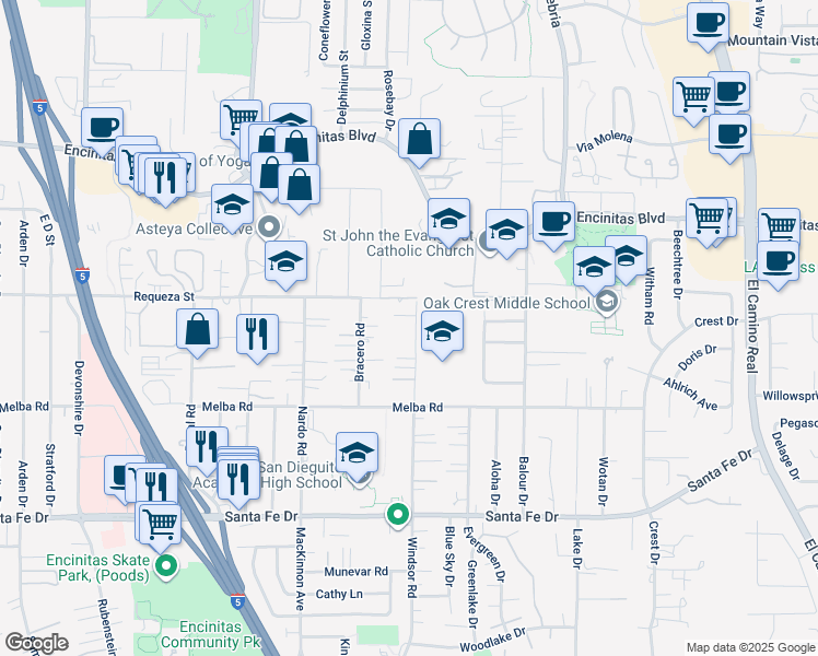 map of restaurants, bars, coffee shops, grocery stores, and more near 754b Bonita Drive in Encinitas