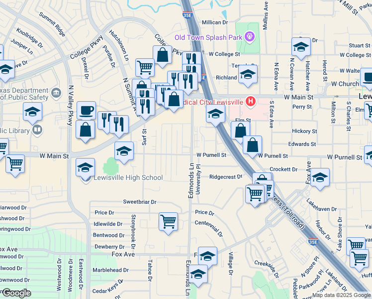 map of restaurants, bars, coffee shops, grocery stores, and more near 601 Prairie Dell Street in Lewisville