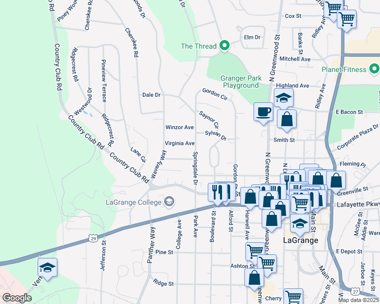 map of restaurants, bars, coffee shops, grocery stores, and more near 300 Springdale Drive in LaGrange