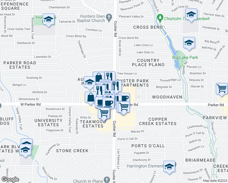 map of restaurants, bars, coffee shops, grocery stores, and more near 3411 Custer Road in Plano