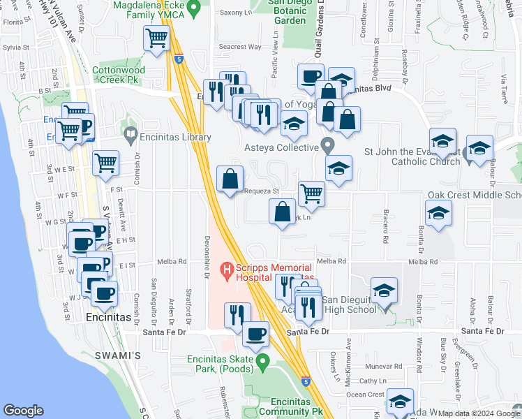 map of restaurants, bars, coffee shops, grocery stores, and more near 804 Regal Road in Encinitas