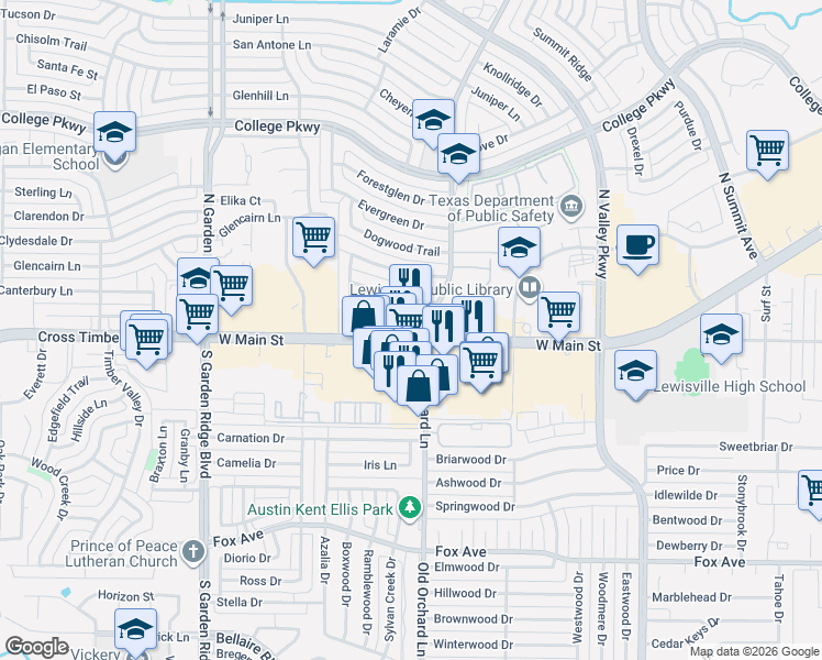 map of restaurants, bars, coffee shops, grocery stores, and more near 1302 West Main Street in Lewisville