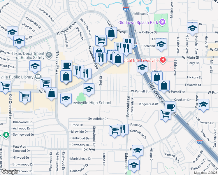 map of restaurants, bars, coffee shops, grocery stores, and more near 602 Harvest Hill Street in Lewisville