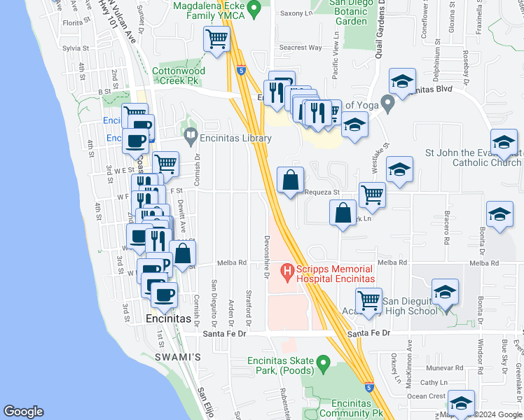 map of restaurants, bars, coffee shops, grocery stores, and more near 768 Devonshire Drive in Encinitas