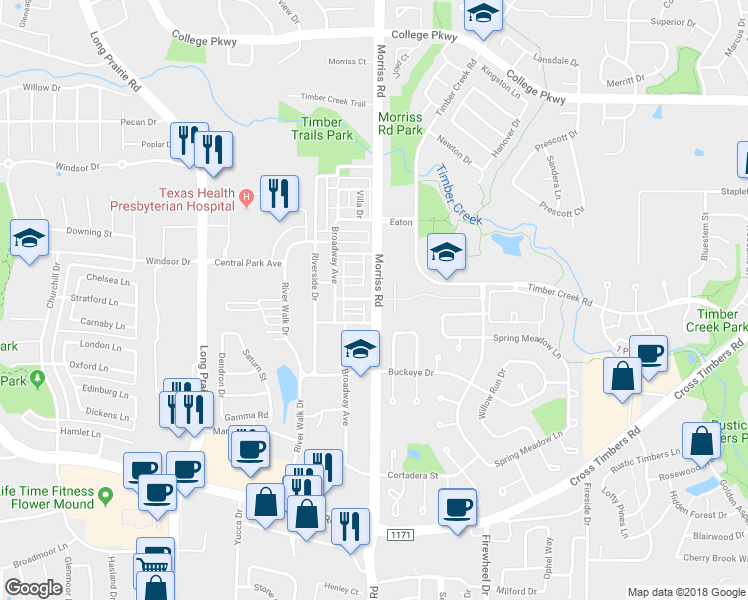 map of restaurants, bars, coffee shops, grocery stores, and more near 4231 Morriss Road in Flower Mound
