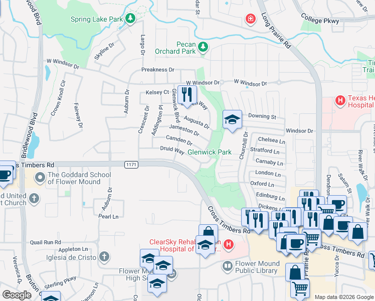 map of restaurants, bars, coffee shops, grocery stores, and more near 3304 Druid Way in Flower Mound